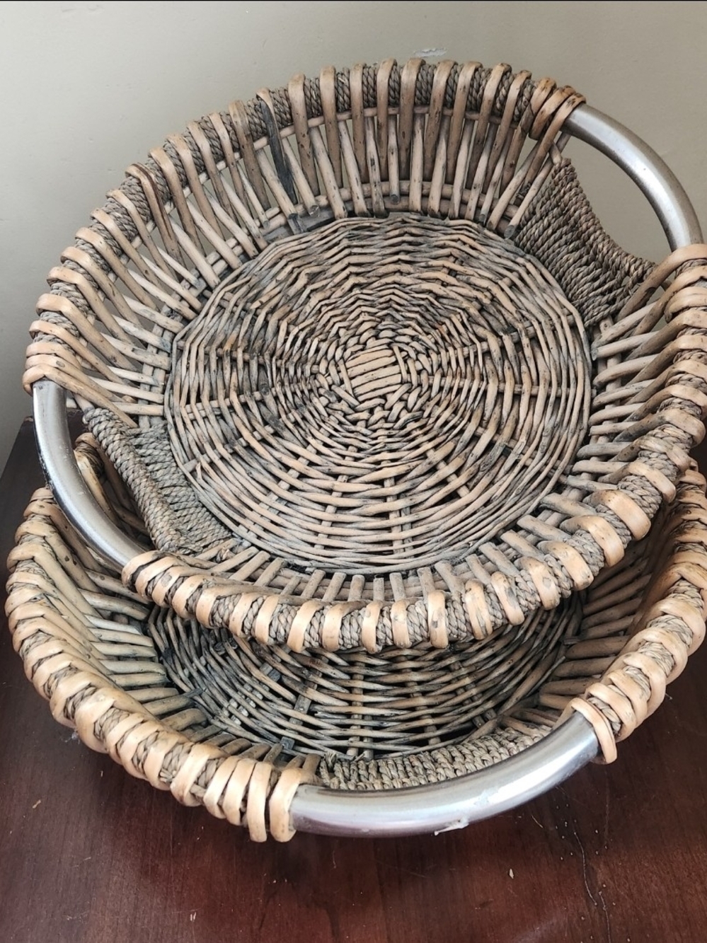 Large Round Rattan Wicker Table Basket with Metal Handles 15" Set Of 2